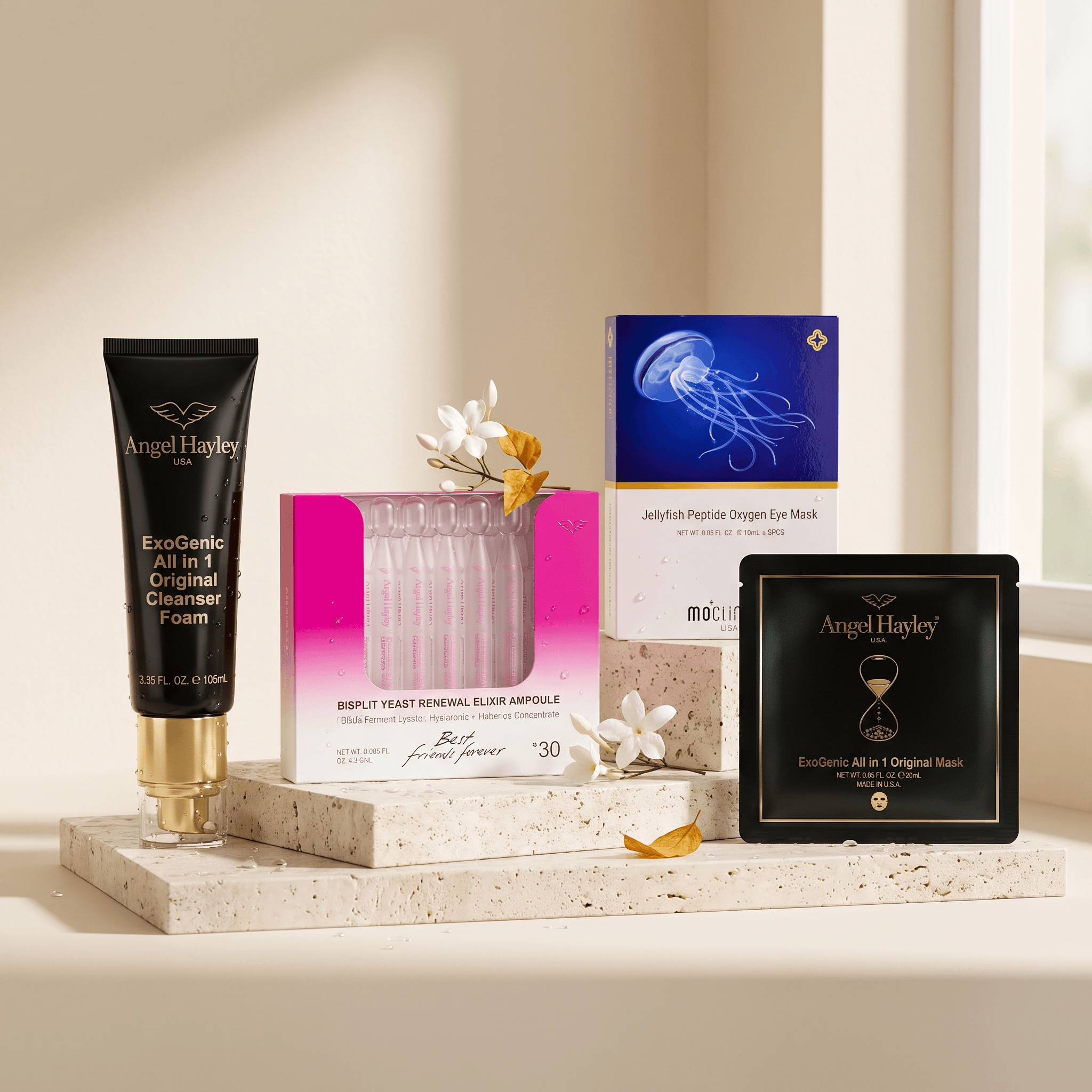 Summer Hydrating & Brightening Set — cleanser foam, yeast ampoules, jellyfish eye masks and sheet masks on a travertine pedestal